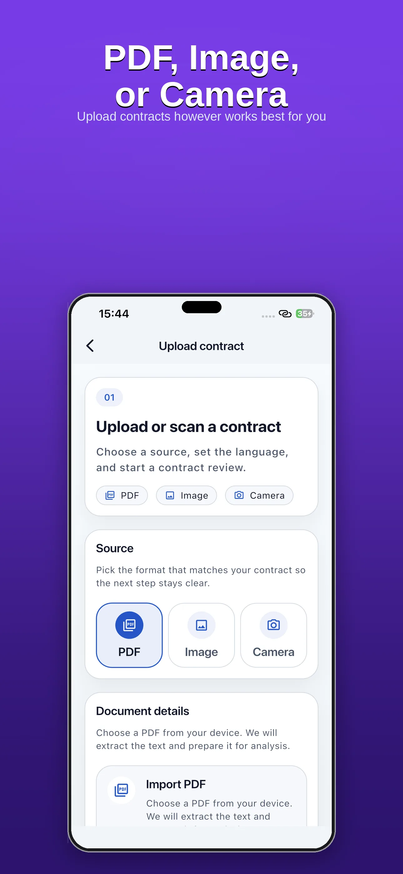 Contractly AI — PDF, Image or Camera